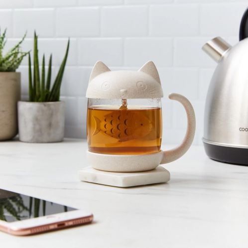 Taza de té gato con colador en forma de pez